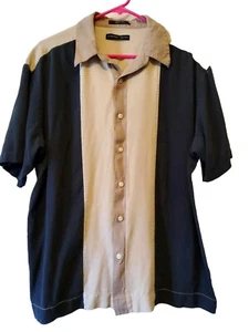 Camicia da bowling Geoffrey Beene nera/beige manica corta 100% seta bottoni taglia large - Foto 1 di 4