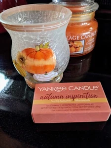 Yankee Candle Pumpkin Crackle Hurricane Shape 4" Voitive Holder & (2) Tealights - Picture 1 of 5