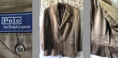 VTG 80s POLO RALPH LAUREN ALL LINEN BLAZER SPORT JACKET KHAKI GUC/FLAW 38 SHORT - Image 1 of 4