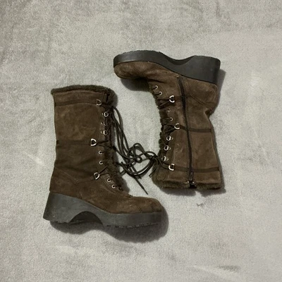 Y2K Report Brown Faux Fur Suede Leather Lace Up Chunky Platform Boots US 10 - Image 1 of 4