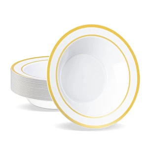 25 Pack White Plastic Bowls with Gold Rim, 12 oz Disposable Soup Bowls, Heavy... - Picture 1 of 7
