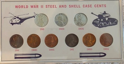 1943-1945S World War 2 Steel & Shell Case Cents 1C 9 Coin Set + 1998 Mint Proof - Image 1 of 4