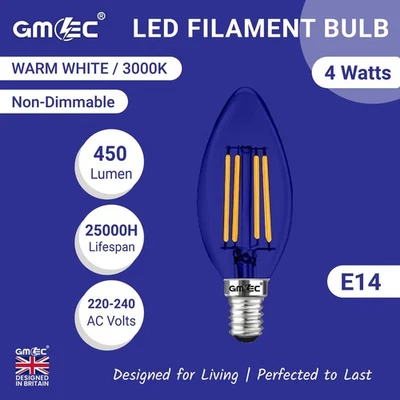GMEC 4W LED Filament Candle Bulb E14 Warm White Energy Saving  Free Post PACK 10 - Image 1 of 4
