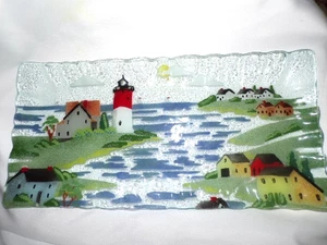 Vintage Ann C Ross Fused Art Glas Tablett Cape Cod Masse Leuchtturm signiert 14" L - Bild 1 von 9