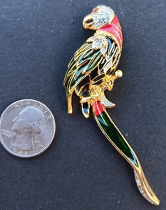Broche prendedor loro vintage esmalte pájaro estrás cristal tono dorado - Imagen 1 de 2