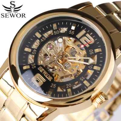 Mens Golden Skeleton Mechanical Watch Steampunk Stainless Steel Band Wrist watch - Image 1 of 4