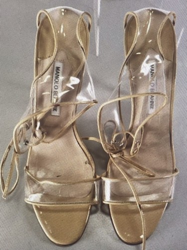 MBT MANOLO BLAHNIK Trasparente PVC Lucite Beige Patentato Caviglia Sandalo EU41 US10.5