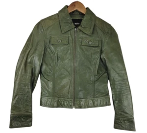 Mossimo Olive Green Leather Jacket Womens S Military Streetwear Full Zip Y2k - Picture 1 of 24
