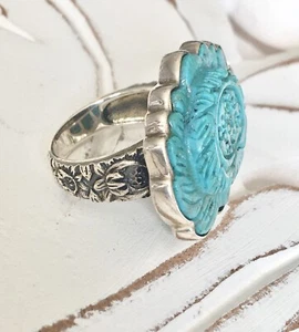 Anillo AMY KAHN RUSSELL Plata de Ley 925 Tallado Turquesa Vintage Talla 8 RARO - Imagen 1 de 14