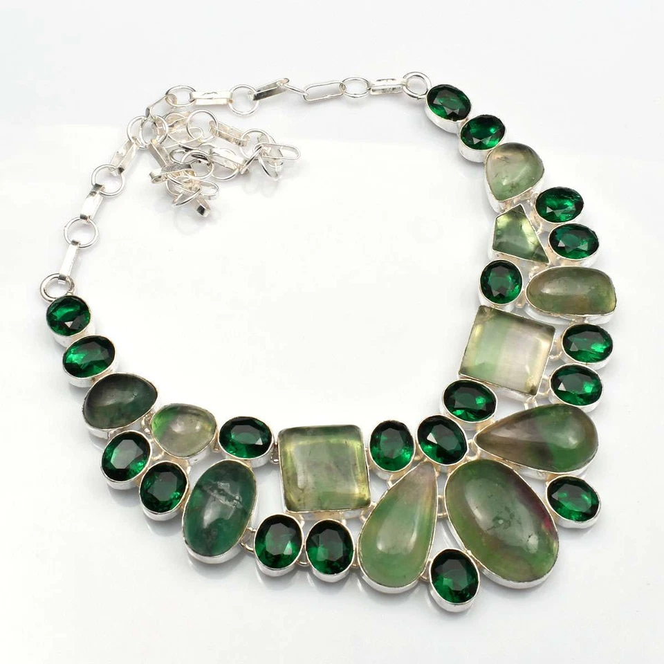 Fluorite Green Quartz Gemstone Handmade Big Necklace Jewelry 112 Gms LV-1439 - Image 1 of 1