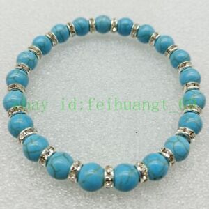 Exquisite Blue 8mm Turquoise Round Beads Elastic Bracelet 7.5 Inches