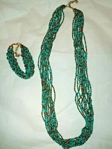 Multi Strang Glas Rocailles 30" lange Halskette und 8" Armband Türkis & Gold - Bild 1 von 4