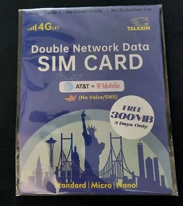 4G LTE Data SIM Card 300mb Standard Micro Nano TALKSIM Dual Network AT&T TMobile - Picture 1 of 3