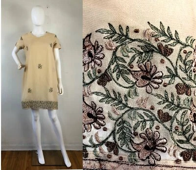 Vestido Kurta vintage anos 90 bordado à mão folha túnica fendas superiores tamanho pequeno - Imagem 1 de 4