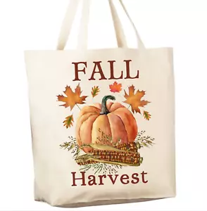 Fall Harvest Pumpkin Corn Reusable Grocery Shopping Cotton Canvas Bag - Picture 1 of 2