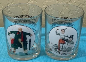 The Saturday Evening Post Norman Rockwell Glasses: Gift & Strongman Lot of 2 - Picture 1 of 5