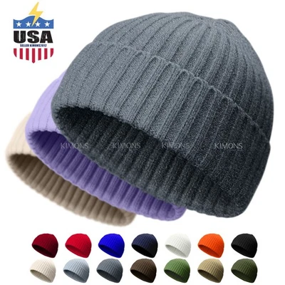 Mini Short Fisherman Beanie Hat Ribbed Docker Winter Warm Knitted Skull Cap cuff - Image 1 of 4