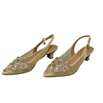 Zapato J Renee Mujer 8M Oro Estrás Cordones Gatito Tacón Punta Foto 1 de 4