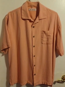 Tommy Bahama Shirt Mens Sz Large Peach Silk Short Slv Relaxed Fit Coconut Button - Picture 1 of 10