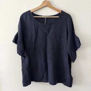 Top Elena Baldi Italia blu navy relax fit lino maniche corte volant boho prep M - Foto 1 di 9
