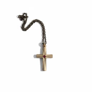 Dainty Vintage 9CT Yellow Gold Cross Pendant Necklace w/ Red Stone & Chain 1.5cm - Bild 1 von 5