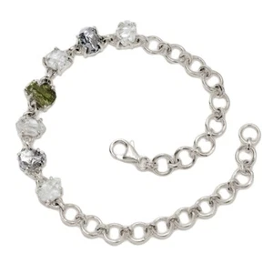 Natural Genuine Czech Moldavite & Herkimer Diamond 925 Silver Bracelet SB17412 - Picture 1 of 1