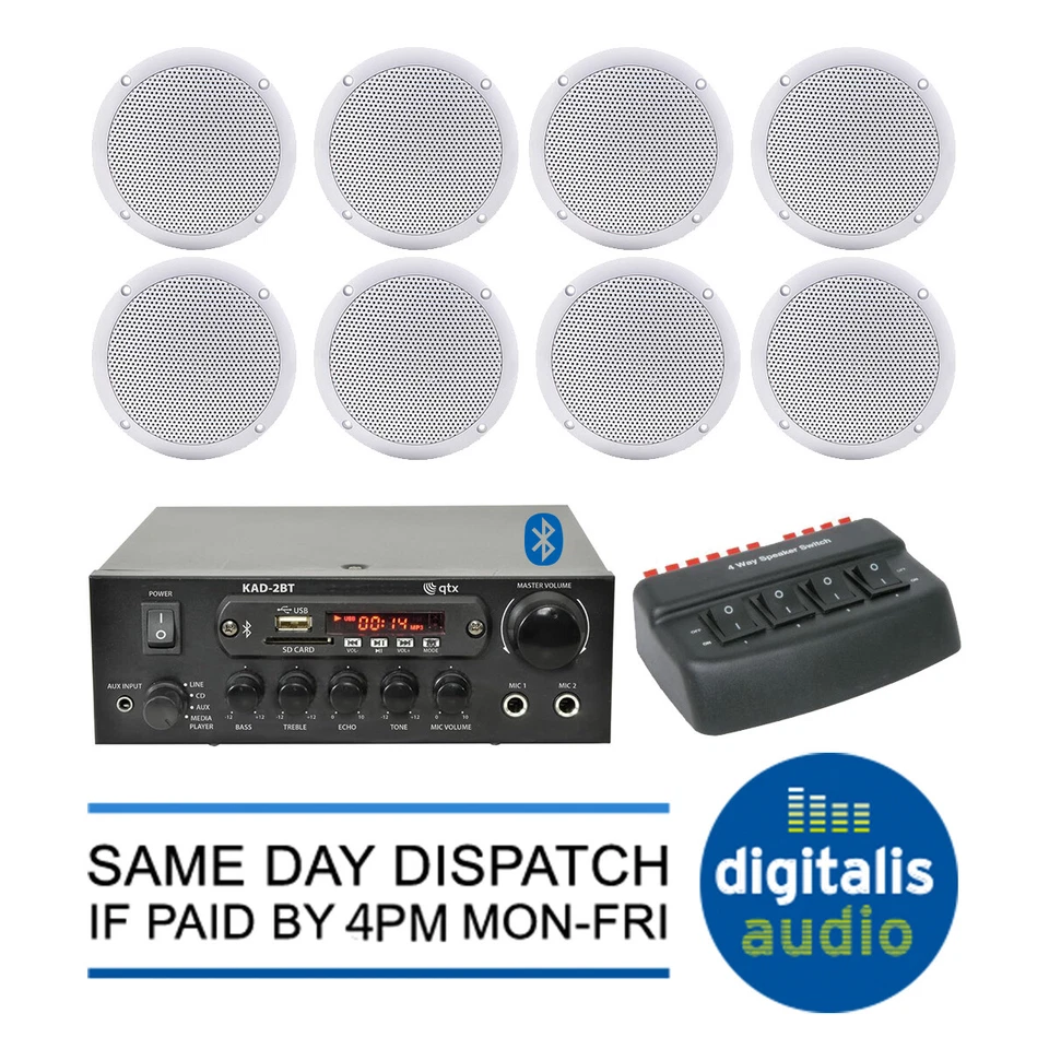 QTX Cafe Restaurant Bluetooth Verstärker Decke Lautsprechersystem Kit Auswahl 2,4,8 NEU