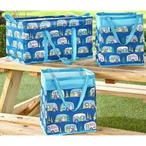 Camper Storage Bins 3-pc Blue 1 Large 2 Small Travel Car Organization Retro Gift - Picture 1 of 4