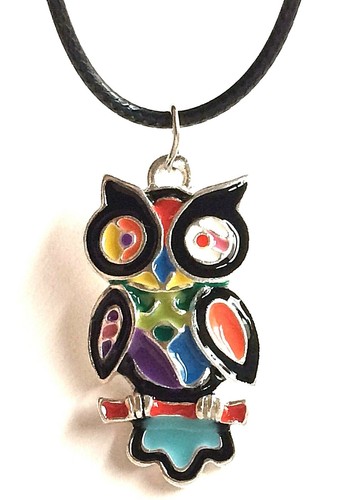 HERMÈS Collana Vintage Argento Pop Art Gufo 19" Smalto Multicolore Uccellino Patchwork Placcato