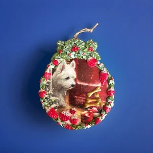 2 Sided Puppy Dog Westie Saint Folk Art Hand Made 1 Of A Kind Christmas Ornament - Picture 1 of 3