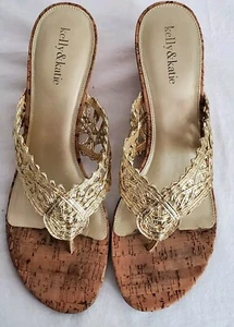 Vintage Kelly & Katie Lacy Gold Kork Keilabsatz Schuhe Damen 11 Tanga Sandalen mit Karton - Bild 1 von 17