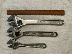 Assorted Crescent Wrenches. Lot of 3. Vintage Adjustable Wrenches.12"/10"/8".