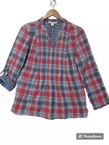 Sz M Coldwater Creek Pintuck Flannel Henley Tunic Top Shirt Plaid Cotton L/S - Picture 1 of 15