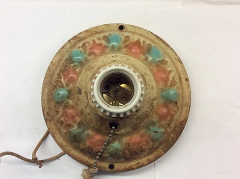 Round ANTIQUE Art Nouveau ART DECO 1 Bulb POLYCHROME Metal Flush LIGHT Fixture Cover