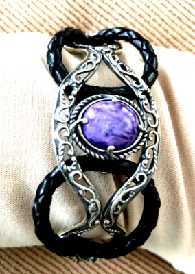 CAROLYN POLLACK STERLING CHAROITE GEMSTONE & LEATHER CUFF, LARGE (M2067-22) - Image 1 of 4