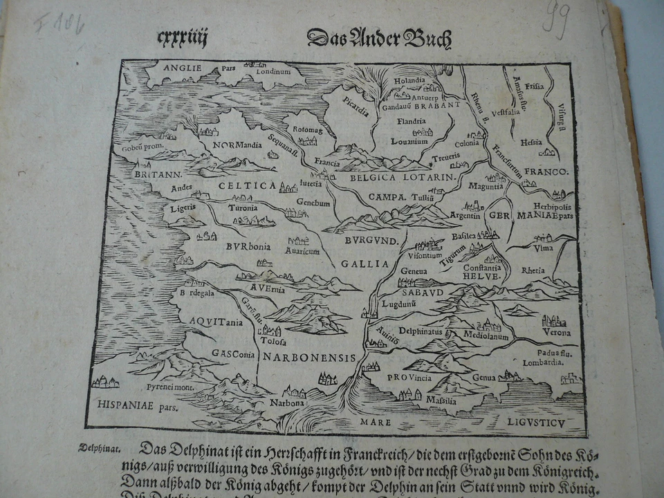 Grabado en madera original de Francia, año 1590, Munster Sebastian, edición alemana Mapa general Foto 1 de 1