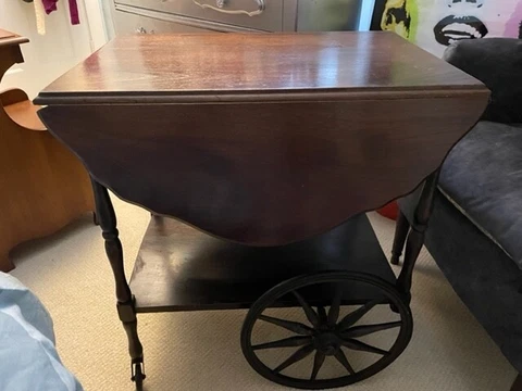 Antique Wheeled Drop Scalloped Leaf Mahogany Tea Cart Made In USA Cover