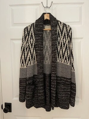 Lucky Brand Womens L Wool Blend Black Gray White Long Cardigan Southwestern Boho - Image 1 of 4