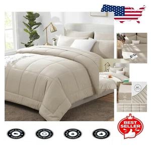 7-Piece California King Comforter Set - All-Season Microfiber in Oatmeal Plaid - Picture 1 of 8