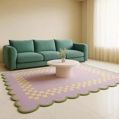 Hand Tufted Pink Yellow Scalloped Rug, Modern Checkered Area Carpet - Image 1 of 4