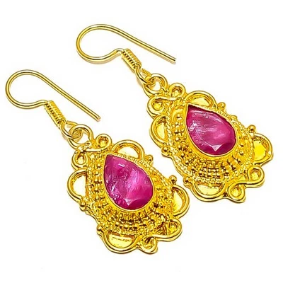 Pendiente antiguo enchapado en oro amarillo de 18k con piedras preciosas de rubí (simulado) 1,76" E7-414 Foto 1 de 3