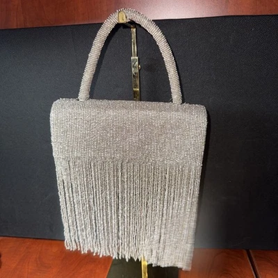 ANTHROPOLOGIE BEADED FRINGE BAG SILVER (2883) New - Image 1 of 4