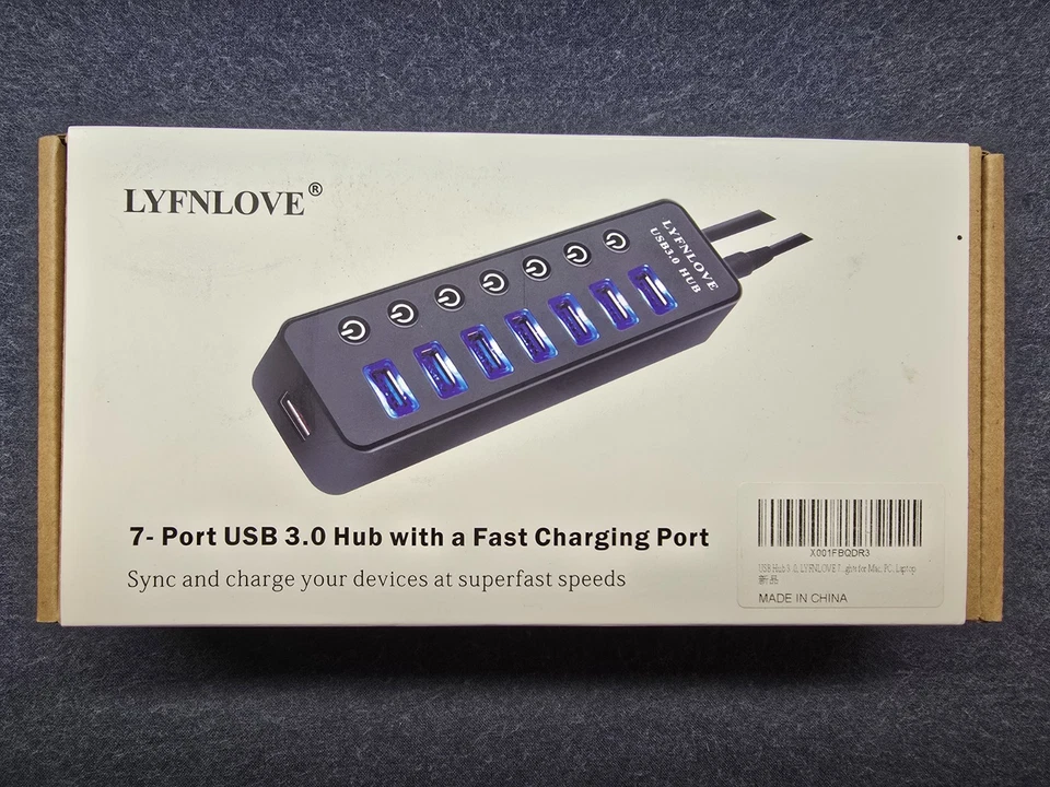 LYFNLOVE USB Hub 3.0 Powered USB Extender 7-Port Data USB Hub w/ Power Adapter - Image 1 of 4