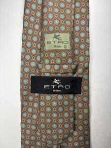 ETRO Men’s Orange Geometric Necktie Mens 100% Silk Floral Tie 58” X 3.75” Flower - Picture 1 of 9