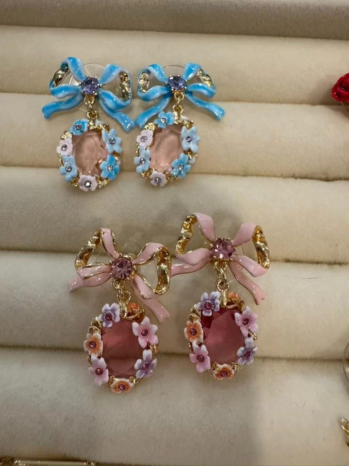 Les Nereides ribbon with crystal earrings pink blue - Image 1 of 1