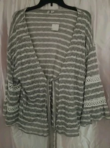 *Cato* Womens Shrug, Size Large, Gray White Striped, 3/4 Flare Sleeve, Tie Front - Picture 1 of 5