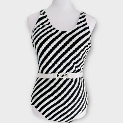 NWT Vintage 70s 80s Jantzen Striped Belted Retro Pinup Bodycon Swimsuit 16 USA - Image 1 of 4