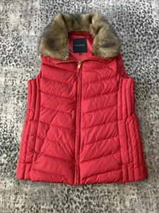 Talbots Size Small S Pretty Red Optional Faux Fur Collar Down Puffer Vest - Picture 1 of 11