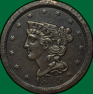 1849 Braided Hair Large Cent Almost Uncirculated AU Coin, Rim Issues #29237 - Picture 1 of 3