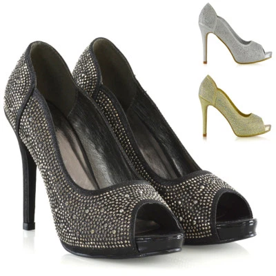 Womens Bridal Platform Shoes Ladies Diamante Wedding Prom Party Peeptoe Heels — 第 1/4 张图片